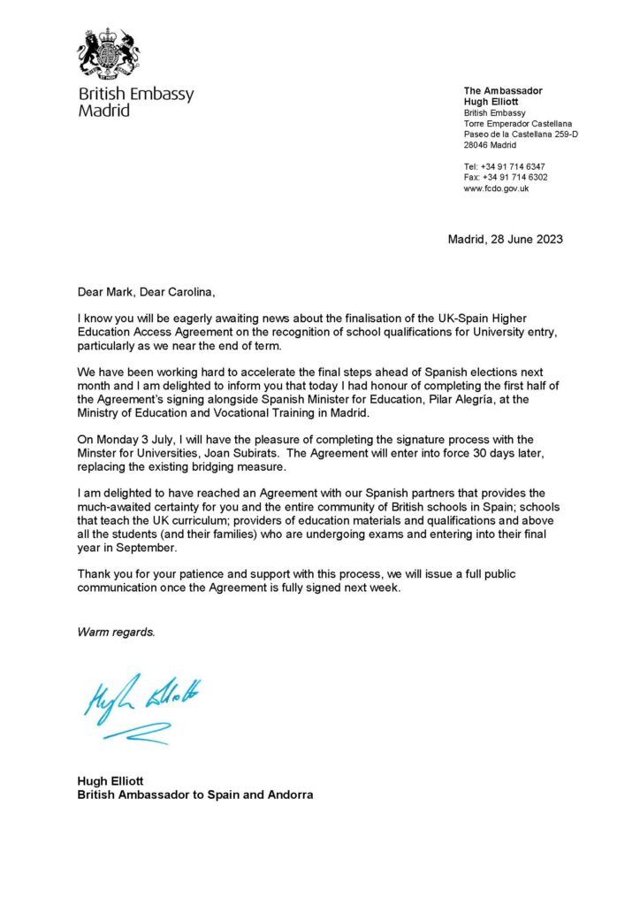 Letter from HMA on Education Agreement signing 28.06.23 724x1024 - The agreement for access to Spanish University with A-Levels now signed