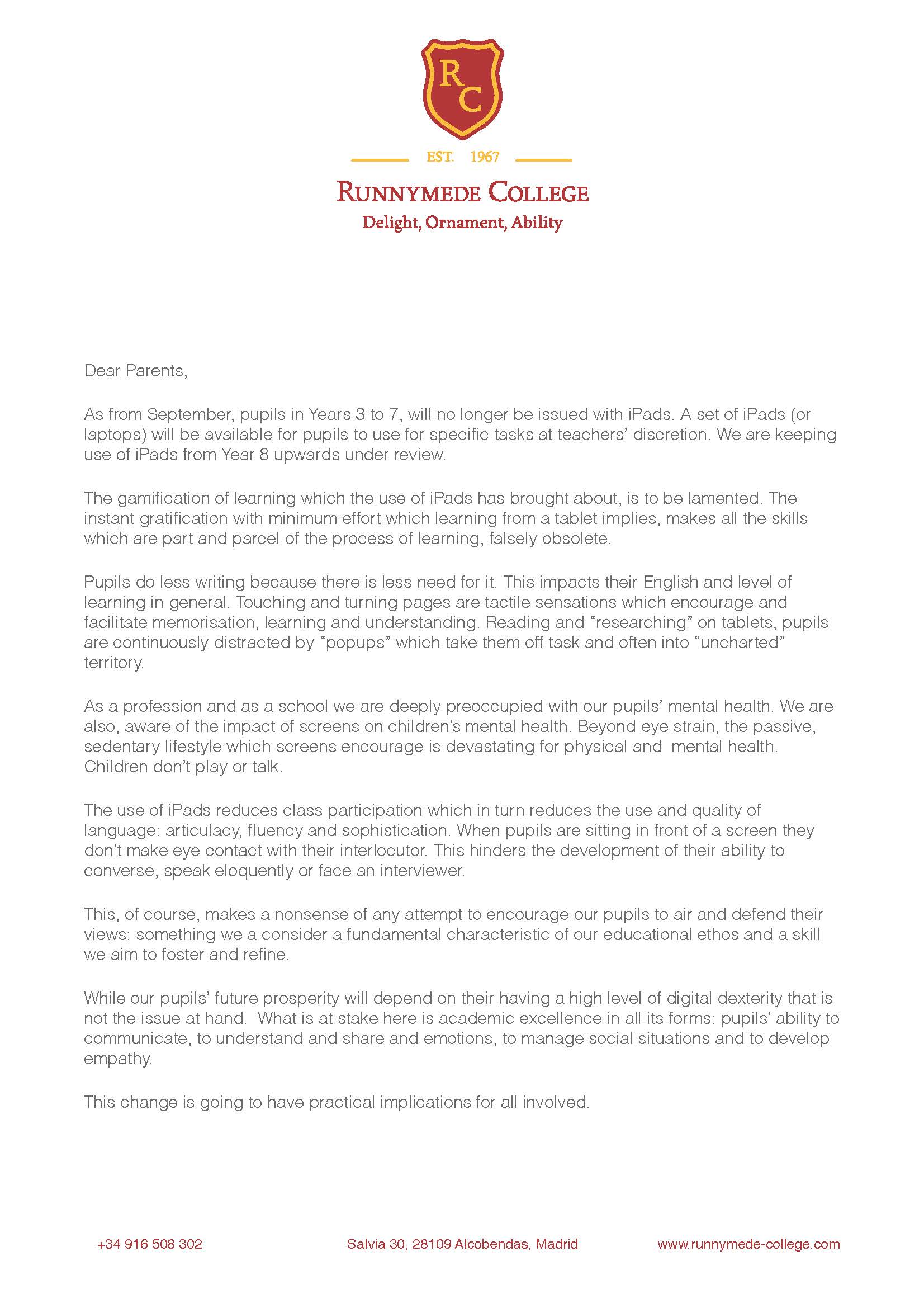 Upcoming Changes to iPad Use in Years 3 to 7 Page 1 - Runnymede College moves away from screens in education